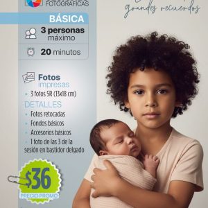 SESIÓN FOTOGRÁFICA BÁSICA 3 personas máximo 20 minutos Fotos impresas 3 fotos 5R (13x18 cm) Detalles Fotos retocadas Fondos básicos Accesorios básicos 1 foto de las 3 de la sesión en bastidor delgado