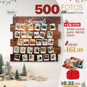500 fotos 4r (10×15) + 1 madero moments gigante + 34 fotos polaroid