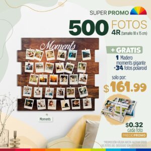 500 fotos 4r (10×15) + collage de 4 bastidores lienzo