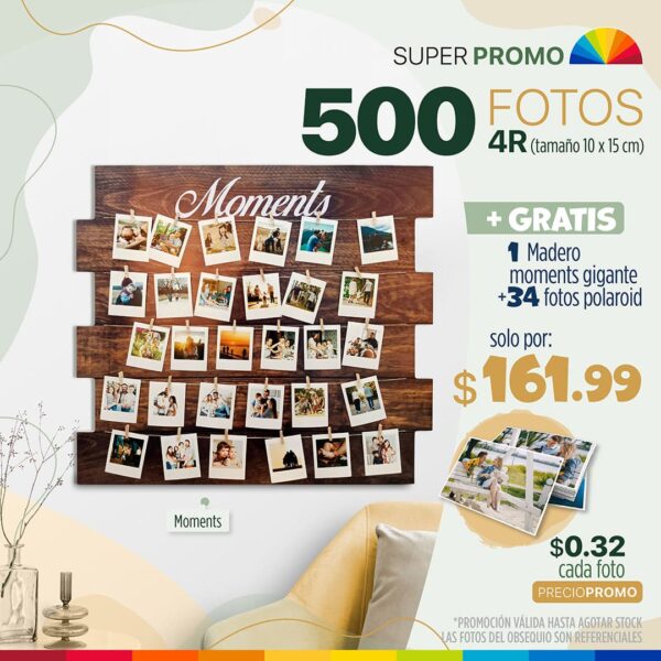 500 fotos 4r (10×15) + collage de 4 bastidores lienzo