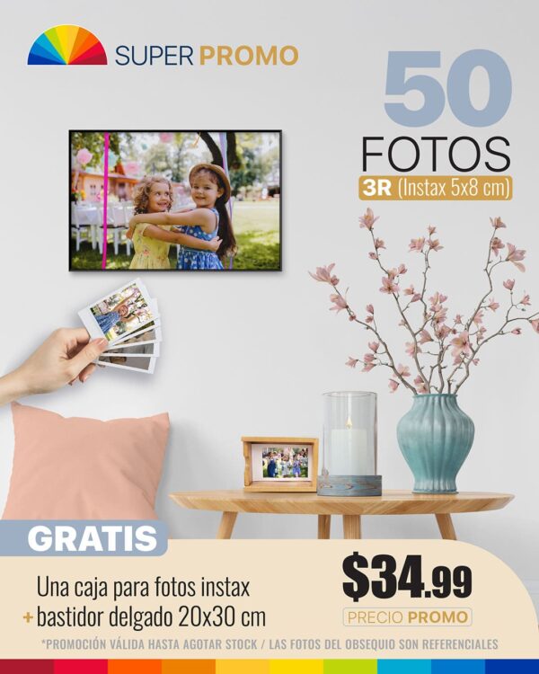 50 fotos 3r (instax) + caja para fotos instax + bastidor delgado tamaño 20x30cm