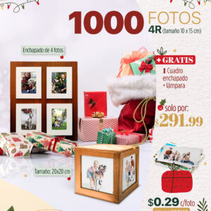 1000 fotos 4r (tamaño 10x15cm) + 1 cuadro enchapado + lámpara