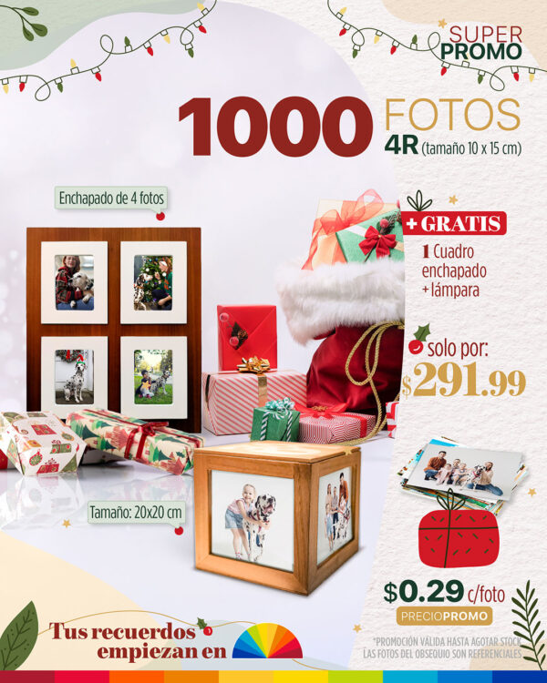 1000 fotos 4r (tamaño 10x15cm) + 1 cuadro enchapado + lámpara