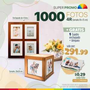 1000 fotos 4r (tamaño 10x15cm) + 1 bastidor + photobook
