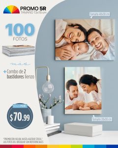 100 fotos 5r (tamaño 12.7x17.8cm) + combo de 2 bastidores lienzo 1 tamaño 30x20cm; 1 tamaño 30x40cm