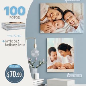 100 fotos 5r (tamaño 12.7x17.8cm) + combo de 2 bastidores lienzo 1 tamaño 30x20cm; 1 tamaño 30x40cm