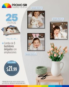 25 fotos 5r (tamaño 12.7x17.8cm) + combo de 3 bastidores delgados con ampliaciones tamaño 15x15cm