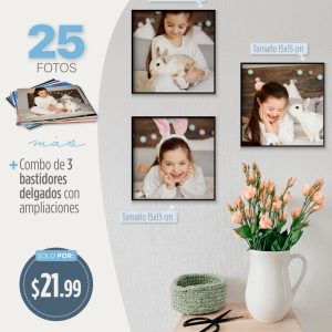 25 fotos 5r (tamaño 12.7x17.8cm) + combo de 3 bastidores delgados con ampliaciones tamaño 15x15cm