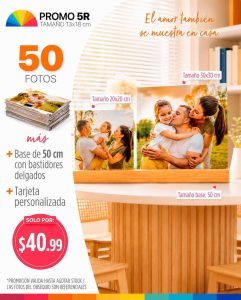 50 fotos 5r  tamaño 13x18cm + base de 50cm con bastidores delgados + tarjeta personalizada