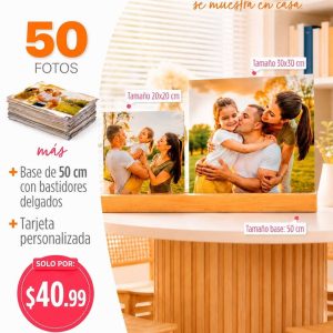 50 fotos 5r tamaño 13x18cm + base de 50cm con bastidores delgados + tarjeta personalizada
