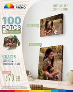 100 fotos 5r (tamaño 12.7x17.8cm) + combo de 2 bastidores lienzo 1 tamaño 30x20cm; 1 tamaño 30x40cm
