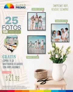 25 fotos 5r (tamaño 12.7x17.8cm) + combo de 3 bastidores delgados con ampliaciones tamaño 15x15cm