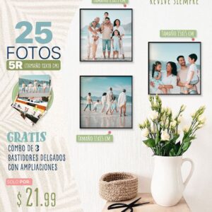 25 fotos 5r (tamaño 12.7x17.8cm) + combo de 3 bastidores delgados con ampliaciones tamaño 15x15cm
