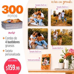 300 5r fotos tamaño 13x18cm+ combo de 4 bastidores gruesos + tarjeta personalizada