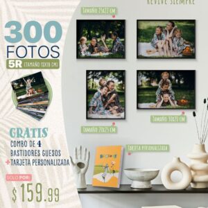 300 fotos 5r (tamaño 12.7x17.8cm) + combo de 4 bastidores gruesos + tarjeta personalizada
