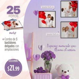 25 fotos 5r 13x18cm + combo de 3 bastidores delgados con ampliaciones tamaño 15x15cm