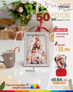 50 fotos 4r (tamaño 10x15cm) + portarretrato de temporada