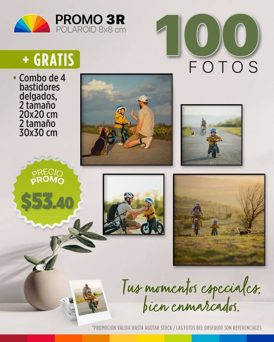 Promo 100 3R fotos polaroid 8x8cm + Combo de 4 bastidores delgados