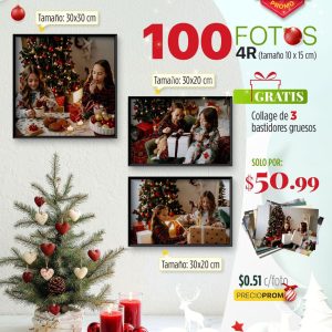 100 fotos 4r (tamaño 10x15cm) + 1 collage de bastidores con base de pino