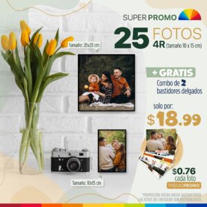25 fotos 4r (tamaño 10x15cm) + combo de 2 bastidores delgados con ampliación