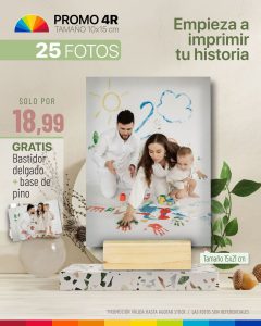 promo 25 fotos 4r tamaño 10x15cm + bastidor delgado + base de pino
