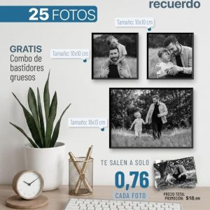 promo 25 fotos 4r tamaño 10x15cm + bastidor delgado + base de pino