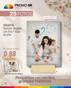 promo 25 fotos 4r tamaño 10x15cm + bastidor delgado + base de pino