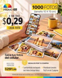 promo 1000 fotos 4r tamaño 10x15cm + portarretrato enchapado de 6 fotos + photobook