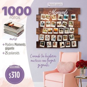 1000 fotos 5r tamaño 13x18cm + madero moments gigante + 25 polaroids