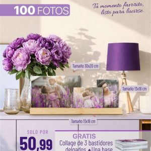 Promo 100 4R fotos tamaño 10x15cm + Collage de 3 bastidores delgados: tamaño 30x20cm, tamaño 13x18cm, tamaño 13x18cm + Una base