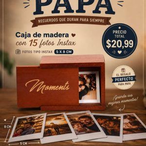 caja de madera con 15 fotos instax